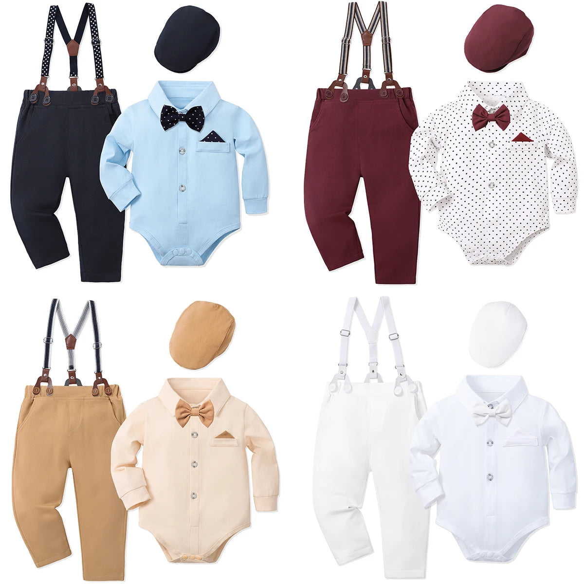 Adorable baby boy clothing sets with bow ties, suspenders, and hats in various colors for special occasions.