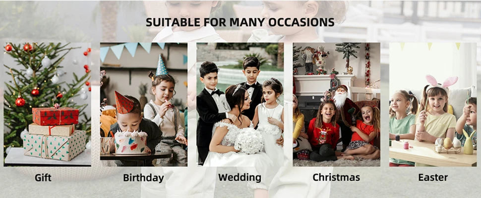 Collage of kids celebrating various occasions: gift giving, birthday party, wedding, Christmas, and Easter.