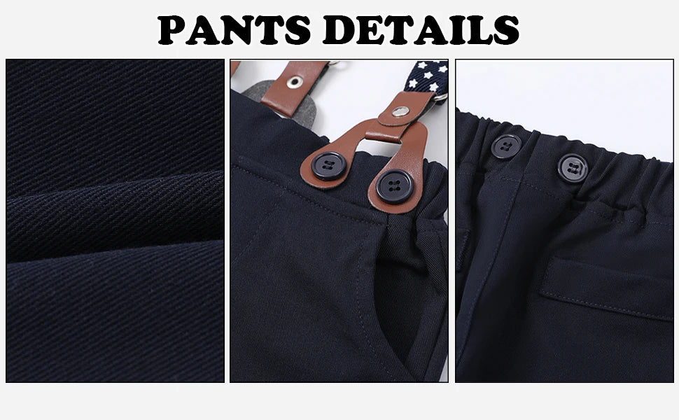 Close-up details of boys' navy pants showcasing fabric, buttons, and suspenders.