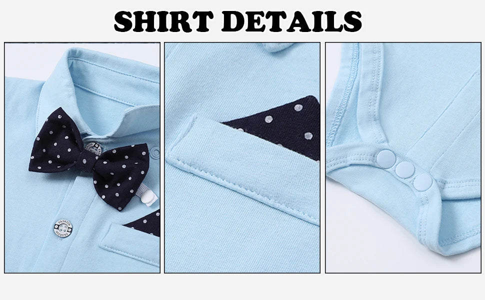 Close-up of baby shirt features: turn-down collar, bow tie, pocket detail, and button closure for stylish occasions.