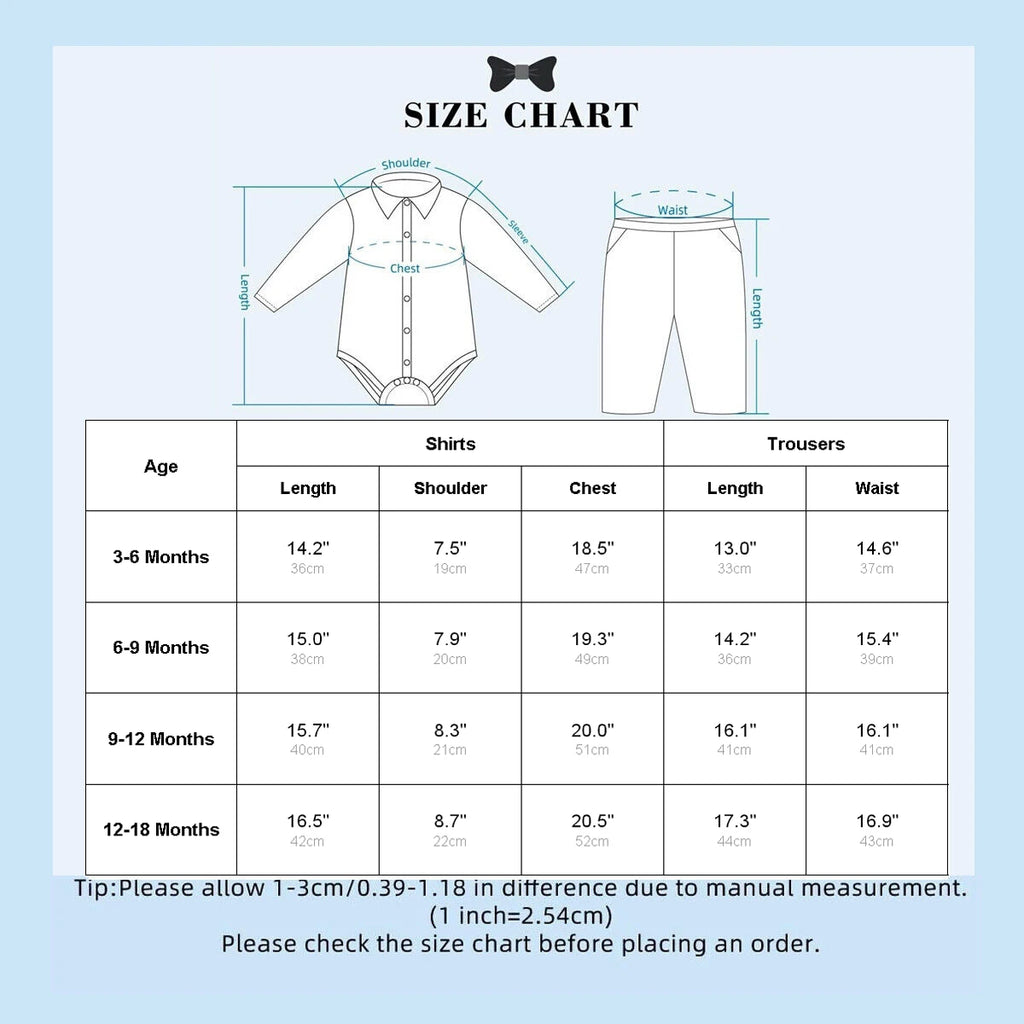Size chart for baby boy suits in months and measurements for shirts and trousers, designed for outfits and gifts.