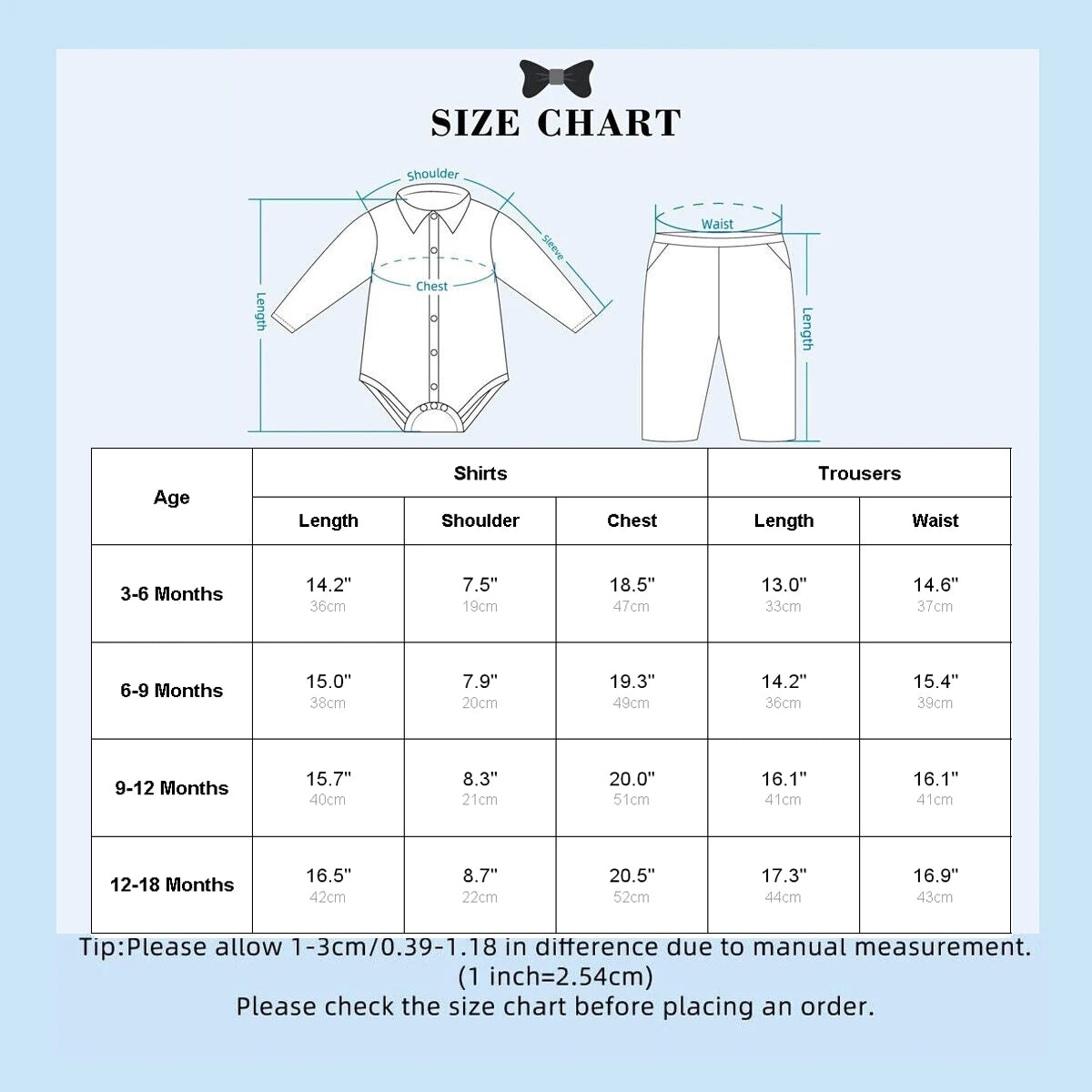 Size chart for baby boy suits in months and measurements for shirts and trousers, designed for outfits and gifts.