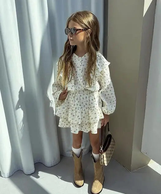 Fashion Baby Girl Clothes Set Floral Blouse and Layered Skirt 2PCS Outfit worn by girl with long hair and sunglasses