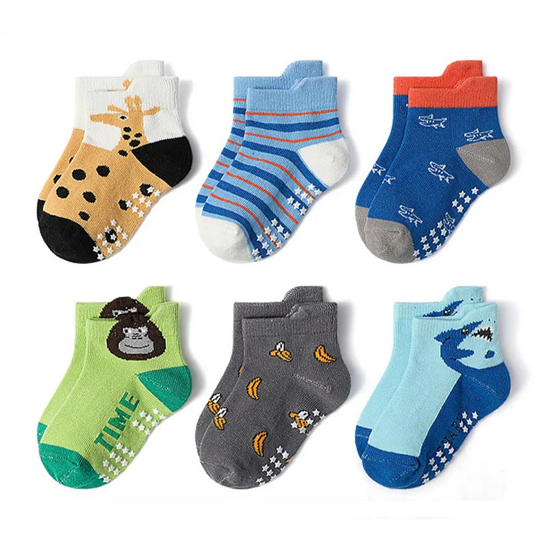 6 Pairs Kids Socks Cartoon Animal Pattern Cotton Non-Slip Floor Socks for Boys with colorful animal and stripe designs