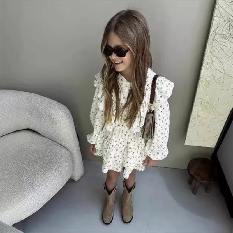 Fashion Baby Girl Clothes Set Floral Blouse and Layered Skirt 2PCS Outfit worn by child with sunglasses and boots  