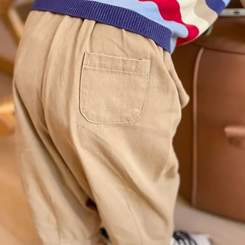Solid Kids Fashion Trousers Casual Loose Pocket Ankle Length Pant for Boys Girls in beige color
