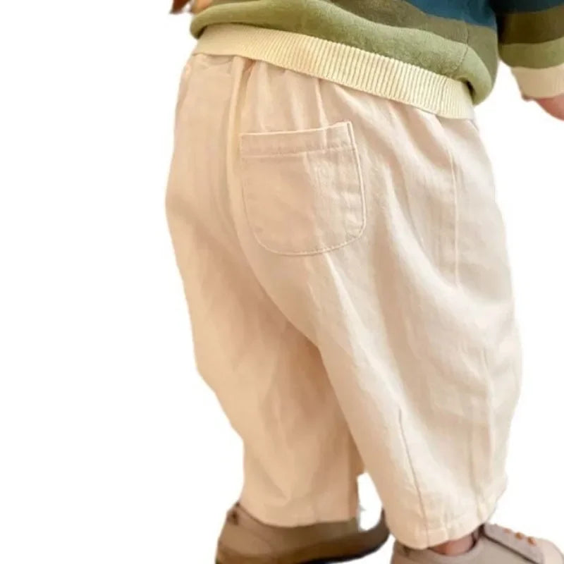Solid Kids Fashion Trousers Casual Loose Pocket Ankle Length Pant for Boys Girls in beige color 