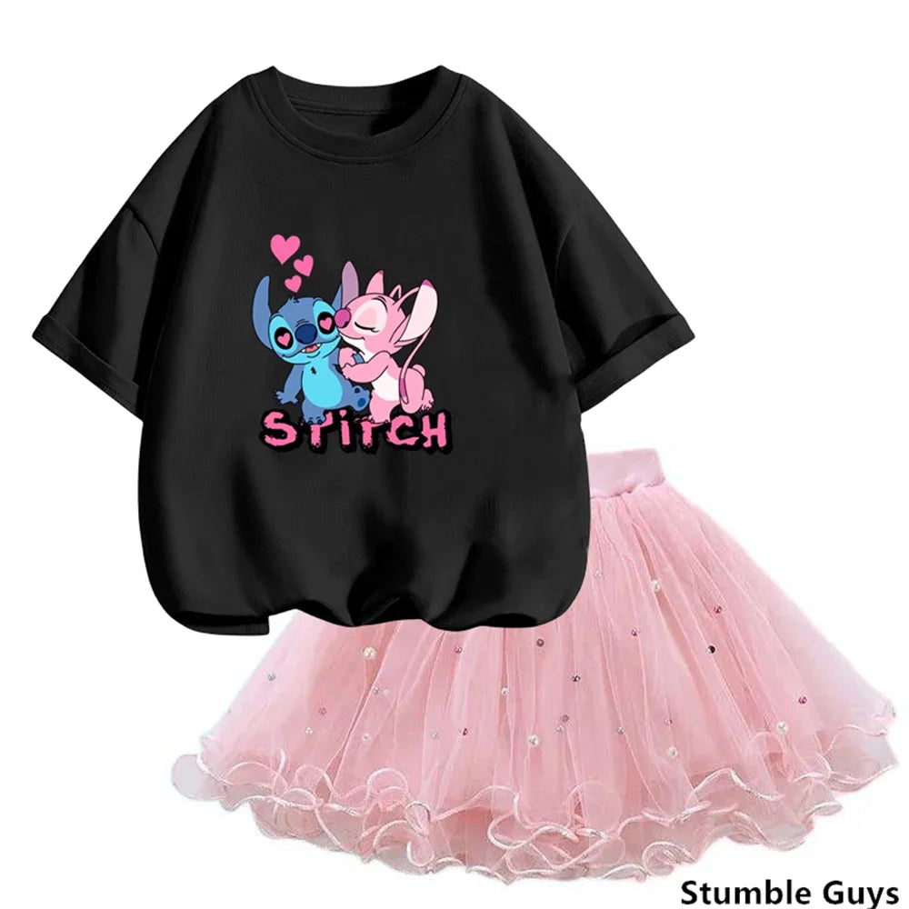 Girls Summer Dress Set Cute Stitch T-Shirt and Tulle Tutu Skirt Outfit with black cartoon top and pink skirt