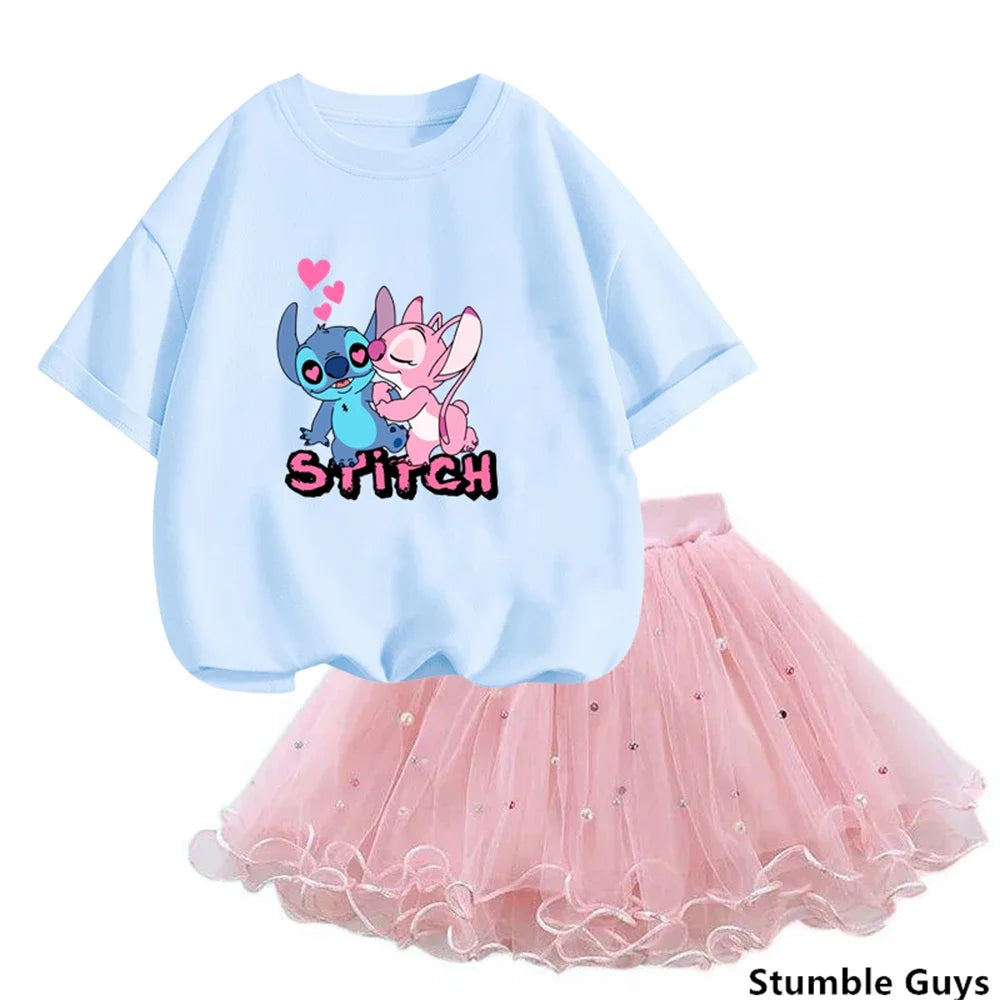 Girls Summer Dress Set Cute Stitch T-Shirt and Tulle Tutu Skirt Outfit with pink skirt and blue cartoon tee