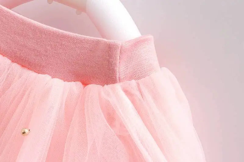 Close up of pink tulle tutu skirt detail on Girls Summer Dress Set Cute Stitch T-Shirt and Tulle Tutu Skirt Outfit