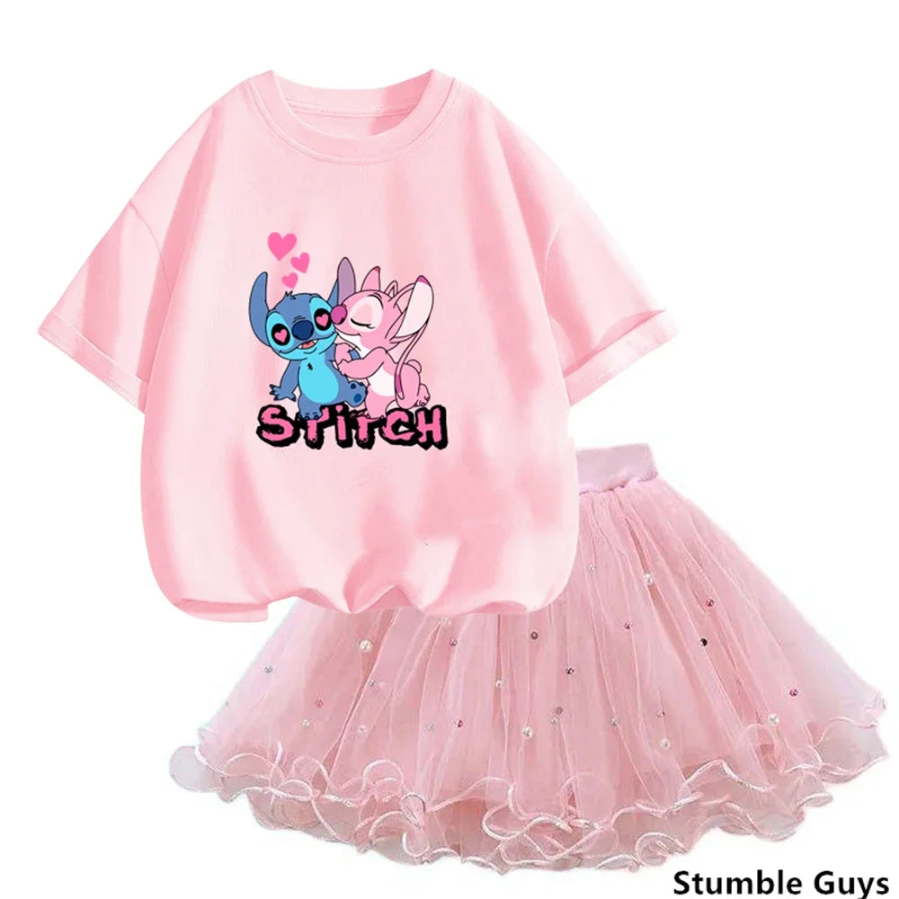 Girls Summer Dress Set Cute Stitch T-Shirt and Tulle Tutu Skirt Outfit in pink with cartoon characters