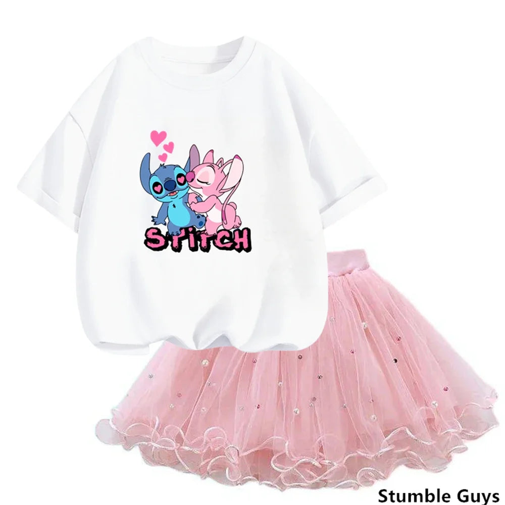Girls Summer Dress Set Cute Stitch T-Shirt and Tulle Tutu Skirt Outfit in white and pink with cartoon design