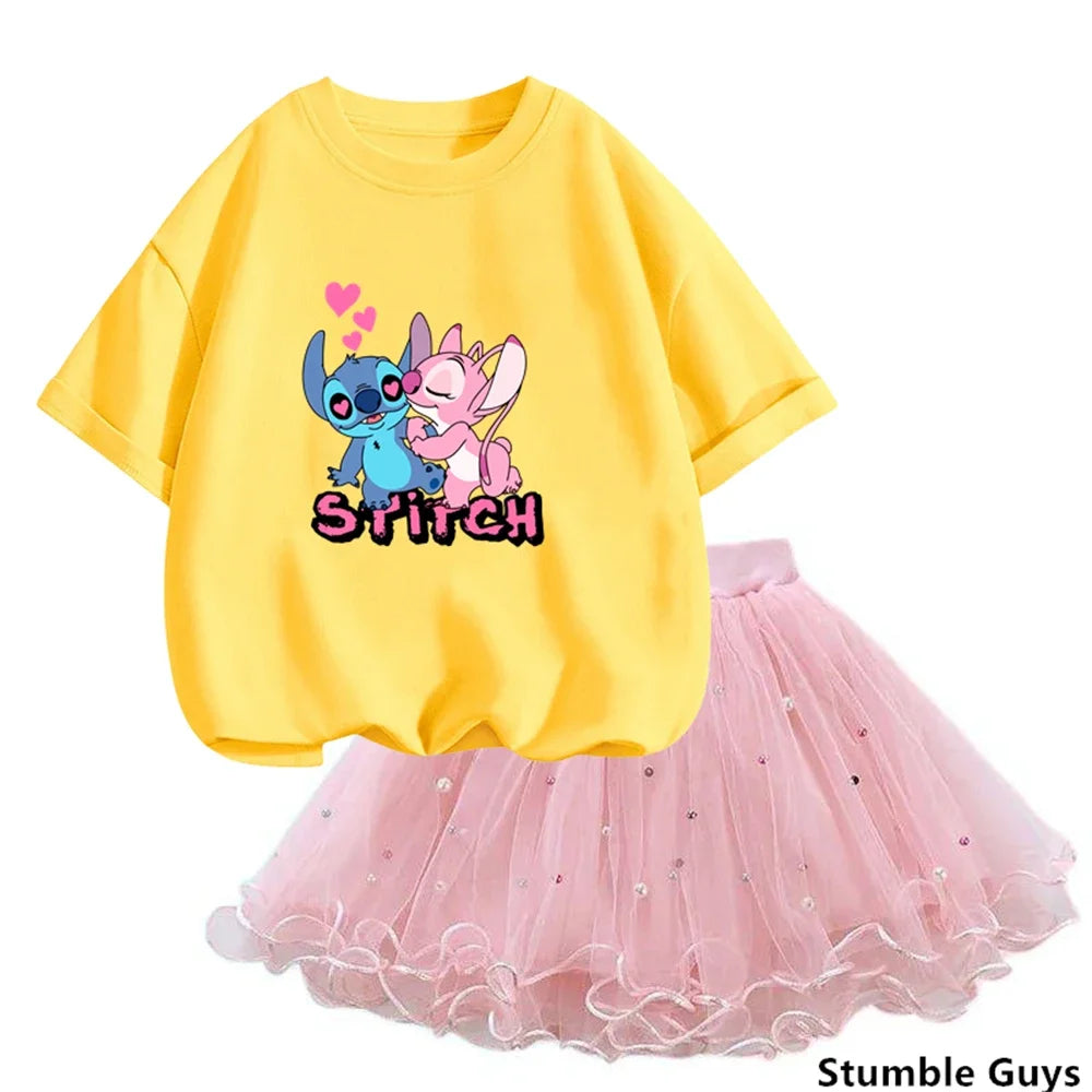 Girls Summer Dress Set Cute Stitch T-Shirt and Tulle Tutu Skirt Outfit in yellow and pink