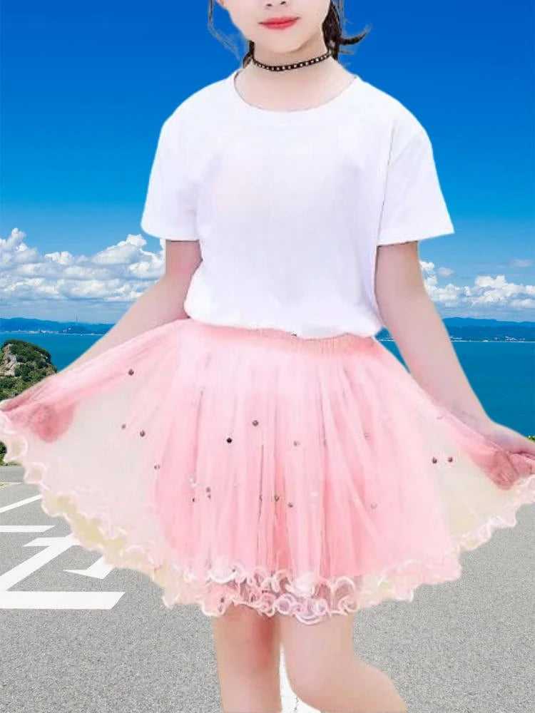 Girls Summer Dress Set Cute Stitch T-Shirt and Tulle Tutu Skirt Outfit with pink skirt and white t-shirt