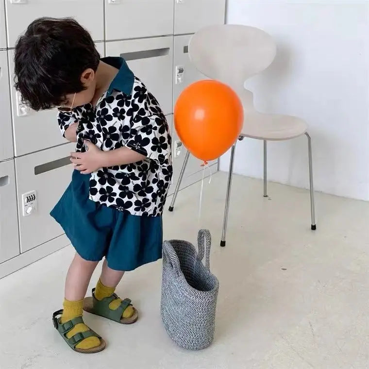 Stylish Flower Suit for Children Baby Short Sleeve Shirt and Casual Shorts Set worn by toddler with green sandals and yellow socks