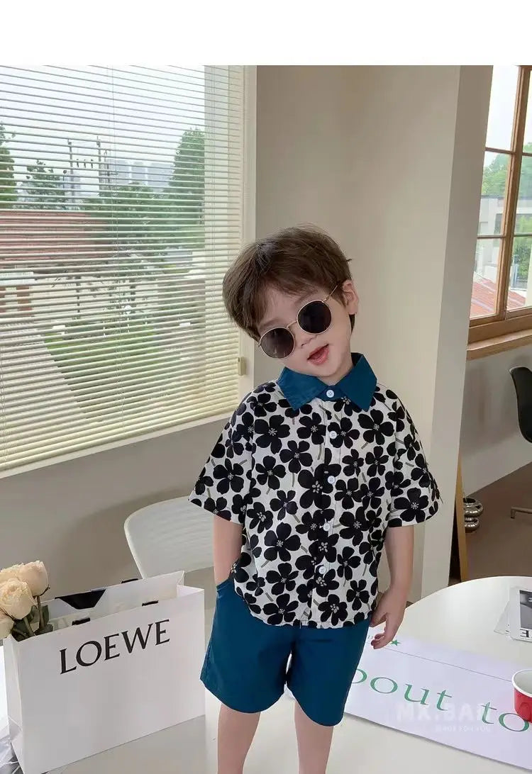 Stylish Flower Suit for Children Baby Short Sleeve Shirt and Casual Shorts Set with black floral top and blue shorts 