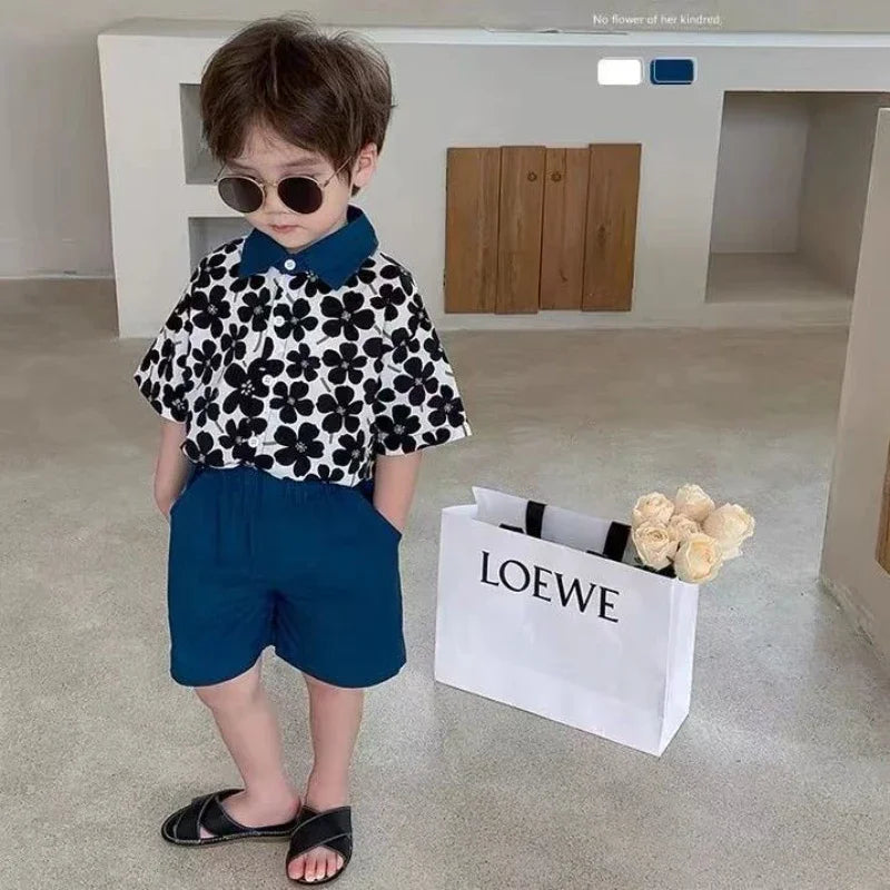 Stylish Flower Suit for Children Baby Short Sleeve Shirt and Casual Shorts Set with black floral top and blue shorts