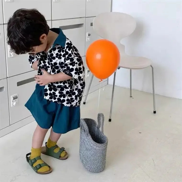 Child wearing Stylish Flower Suit for Children Baby Short Sleeve Shirt and Casual Shorts Set by Yamza Tots' Closet