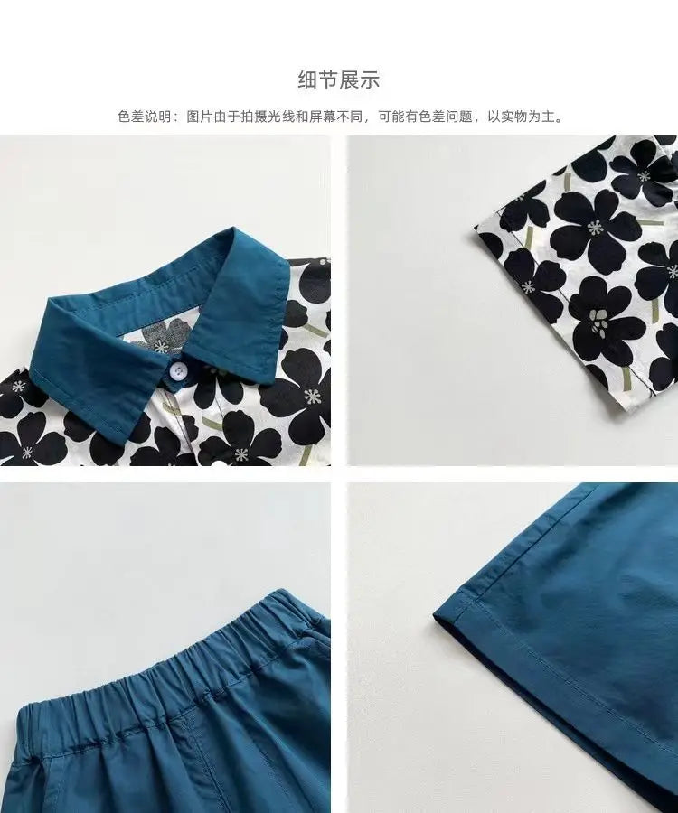 Stylish Flower Suit for Children Baby Short Sleeve Shirt with floral print and blue casual shorts set