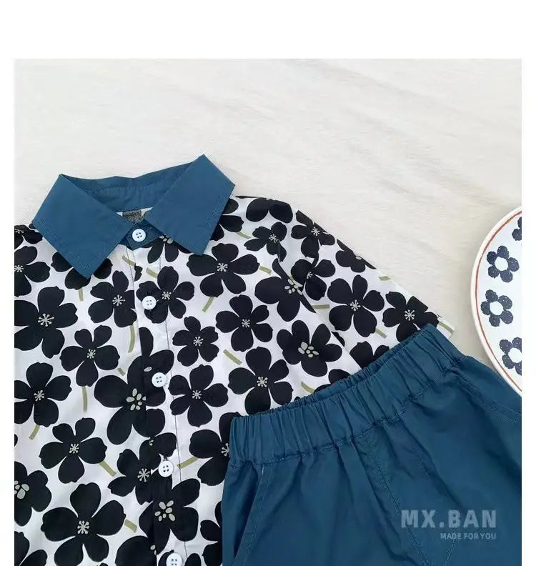 Stylish Flower Suit for Children Baby Short Sleeve Shirt and Casual Shorts Set with blue collar and floral print shirt