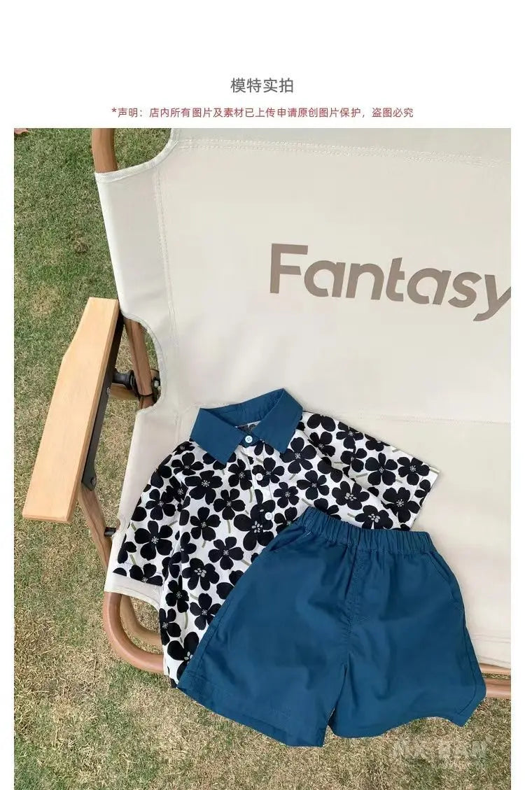 Stylish Flower Suit for Children Baby Short Sleeve Shirt with black flowers and casual blue shorts set