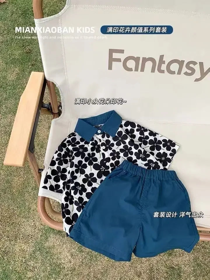 Stylish Flower Suit for Children Baby Short Sleeve Shirt and Casual Shorts Set with floral print shirt and blue shorts