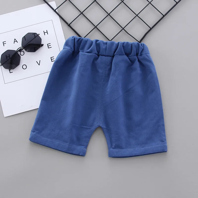 Summer Baby Boy Clothes Set Cartoon Shirt & Shorts 2PCS Cotton Outfit Set showing blue shorts with elastic waistband