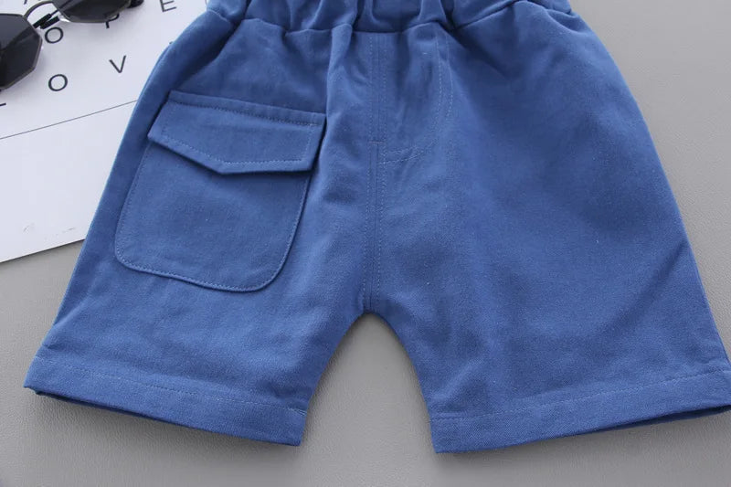 Blue cotton shorts with elastic waist and front pocket from Summer Baby Boy Clothes Set Cartoon Shirt & Shorts 2PCS Cotton Outfit Set