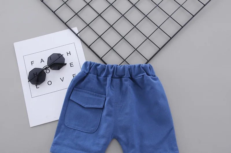 Summer Baby Boy Clothes Set Cartoon Shirt and Shorts 2PCS Cotton Outfit Set blue shorts with pocket
