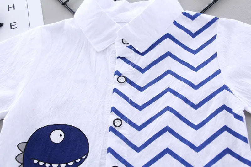Summer Baby Boy Clothes Set Cartoon Shirt & Shorts 2PCS Cotton Outfit Set with blue zigzag pattern and dinosaur print