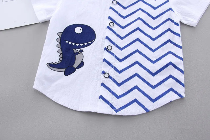 Summer Baby Boy Clothes Set Cartoon Shirt & Shorts 2PCS Cotton Outfit Set with dinosaur print and blue zigzag pattern