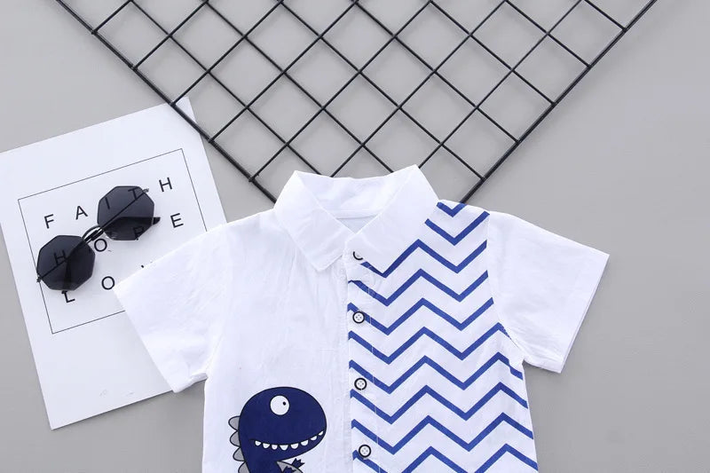 Summer Baby Boy Clothes Set Cartoon Shirt & Shorts 2PCS Toddler Outfit Set white shirt with blue zigzag and dinosaur print
