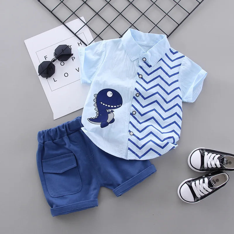 Summer Baby Boy Clothes Set Cartoon Shirt & Shorts 2PCS Cotton Outfit Set with dinosaur print and blue shorts