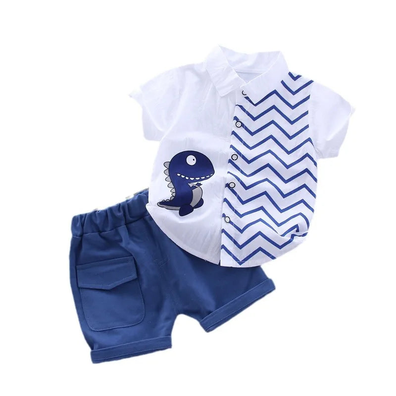 Summer Baby Boy Clothes Set Cartoon Shirt and Shorts 2PCS Toddler Outfit Set with dinosaur print and blue shorts