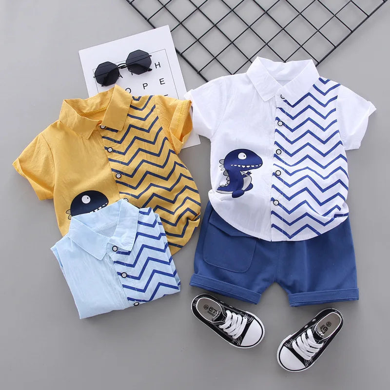 Summer Baby Boy Clothes Set Cartoon Shirt & Shorts 2PCS Toddler Outfit Set with dinosaur design and chevron pattern