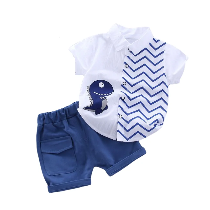 Summer Baby Boy Clothes Set Cartoon Shirt & Shorts 2PCS Cotton Outfit Set with dinosaur design and blue shorts