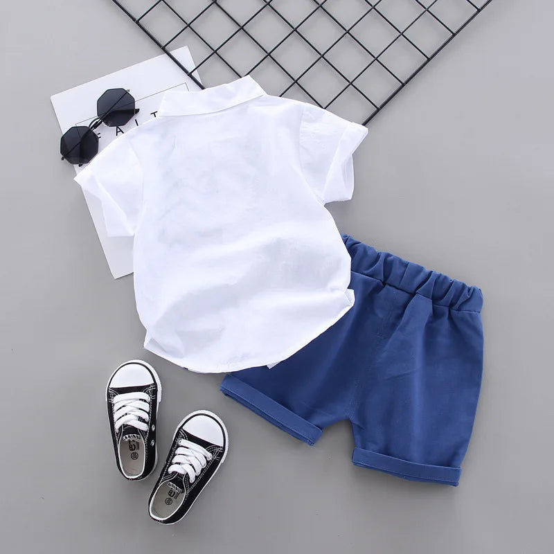 Summer Baby Boy Clothes Set Cartoon Shirt & Shorts 2PCS Cotton Outfit Set with white shirt and blue shorts   