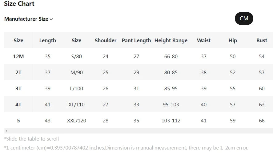 Size chart for Summer Baby Boy Clothes Set Cartoon Shirt & Shorts 2PCS Cotton Outfit Set by Yamza Tots' Closet in centimeters