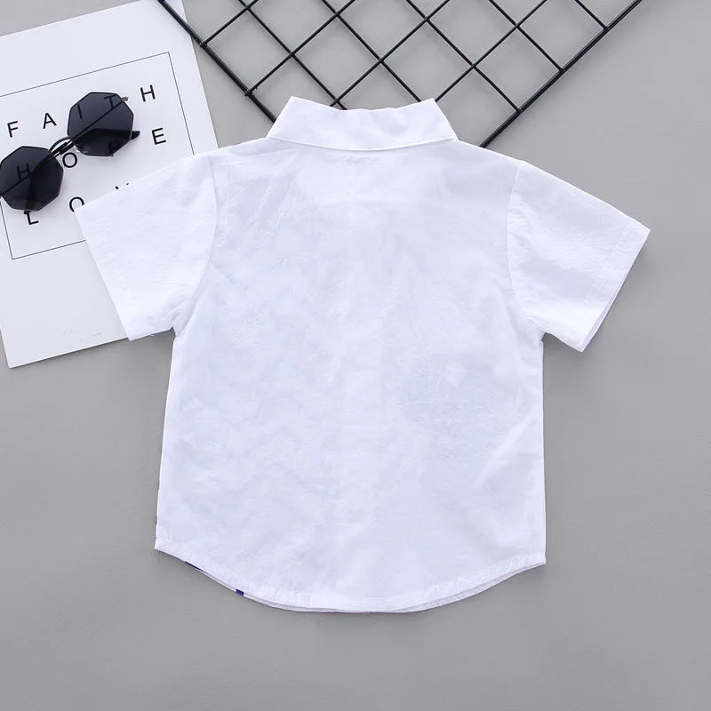 Back view of a white short sleeve shirt from Summer Baby Boy Clothes Set Cartoon Shirt & Shorts 2PCS Cotton Outfit Set