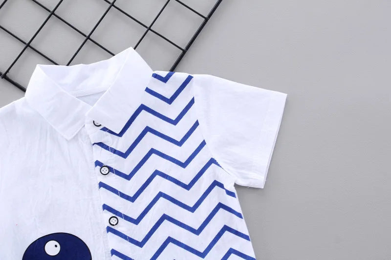 Summer Baby Boy Clothes Set Cartoon Shirt & Shorts 2PCS Cotton Outfit Set with white and blue zigzag pattern