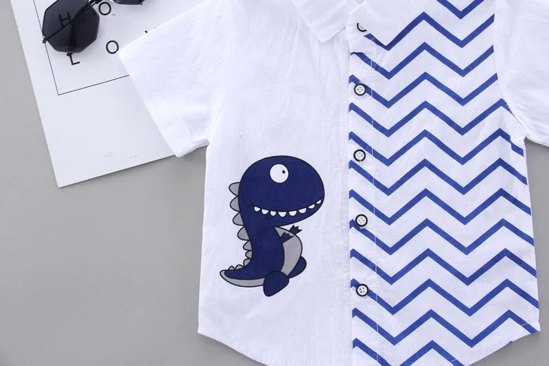 Summer Baby Boy Clothes Set Cartoon Shirt with dinosaur print and blue zigzag pattern 2PCS Cotton Outfit Set