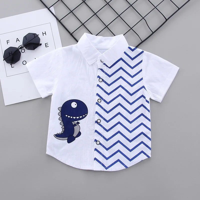 Summer Baby Boy Clothes Set Cartoon Shirt & Shorts 2PCS Cotton Outfit Set with blue dinosaur and chevron design