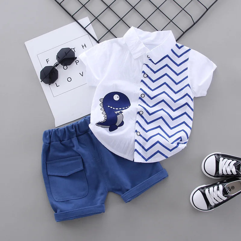 Summer Baby Boy Clothes Set Cartoon Shirt & Shorts 2PCS Cotton Outfit Set with dinosaur print and blue shorts 