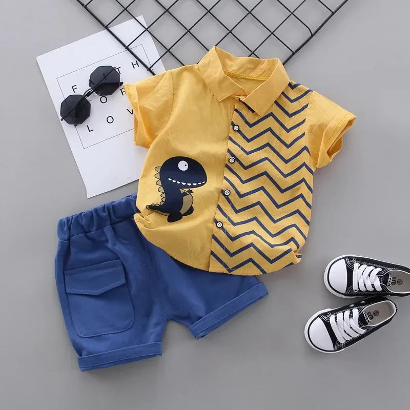 Summer Baby Boy Clothes Set Cartoon Shirt & Shorts 2PCS Toddler Outfit Set with yellow button shirt and blue shorts