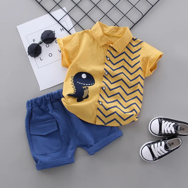 Summer Baby Boy Clothes Set Cartoon Shirt & Shorts 2PCS Cotton Outfit Set with yellow shirt and blue shorts