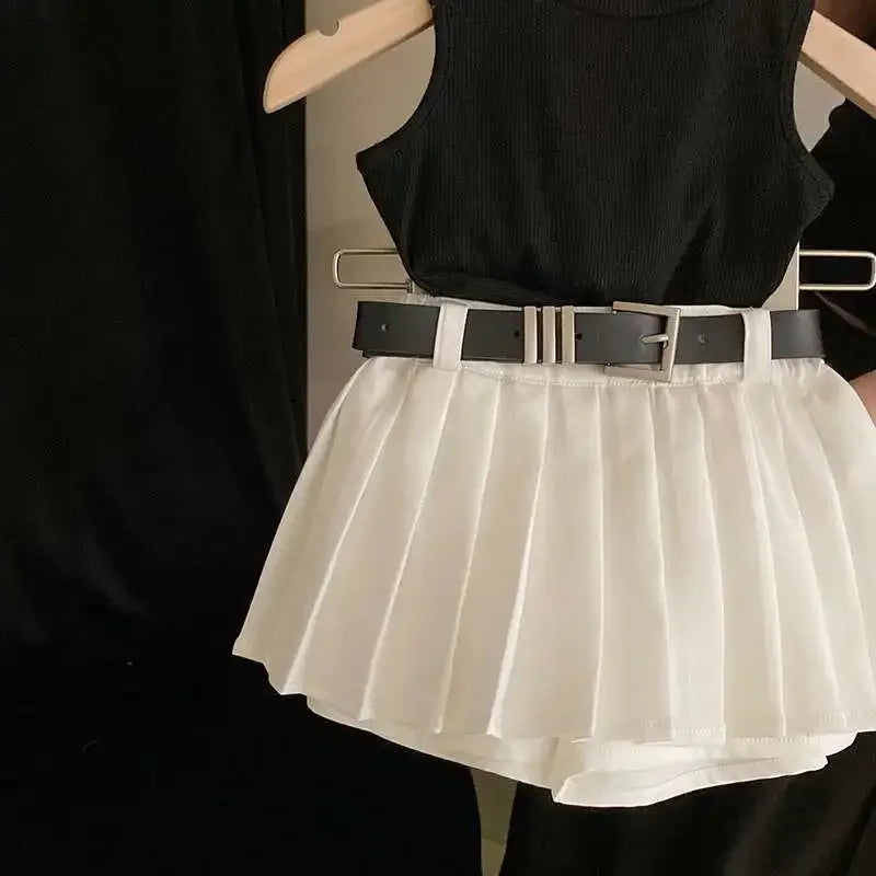 Summer Fashion Set for Girls Tank Top and Skirt Outfit with black sleeveless top and white pleated skirt with belt