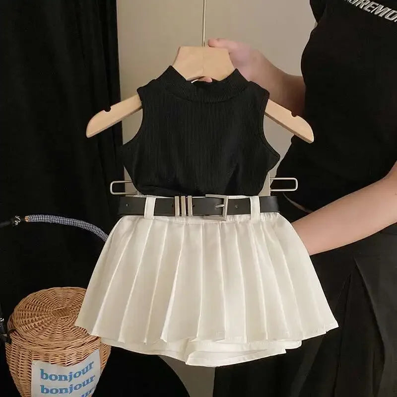 Summer Fashion Set for Girls Tank Top and Skirt Outfit with black sleeveless top and white pleated skirtz