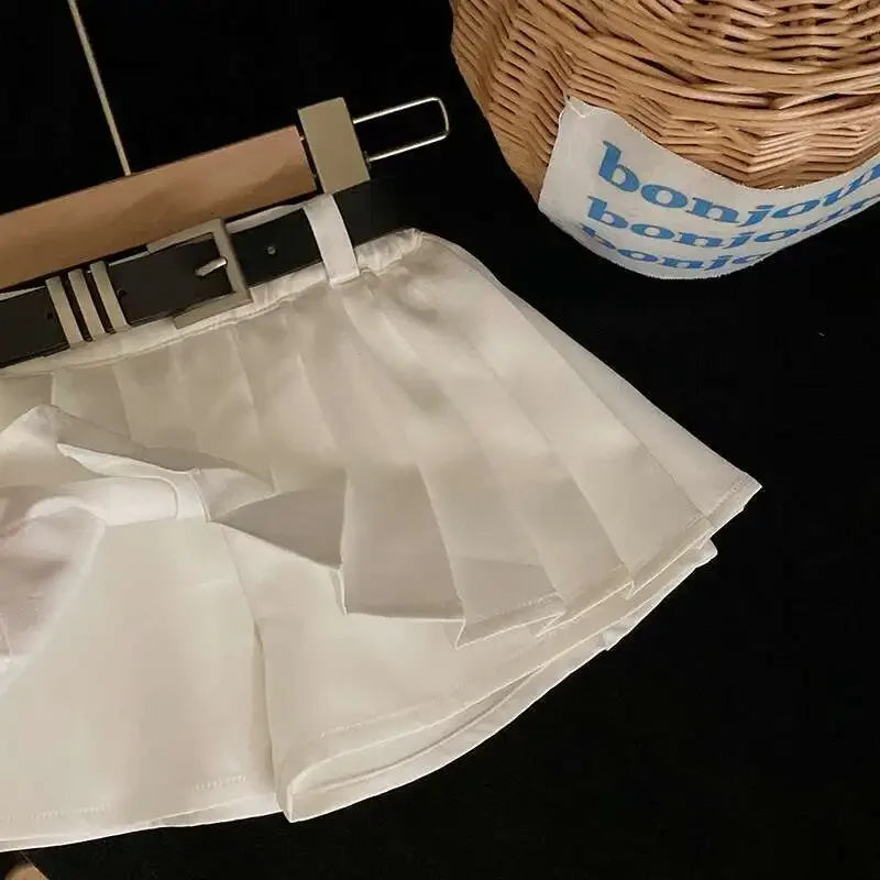 Summer Fashion Set for Girls tank top and pleated white skirt outfit with black belt by Yamza Tots' Closet