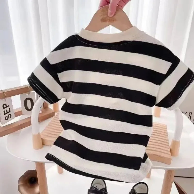 Summer Kids Sets Boys Girls Short Sleeve Striped T-shirt and Shorts Tracksuit black and white stripes