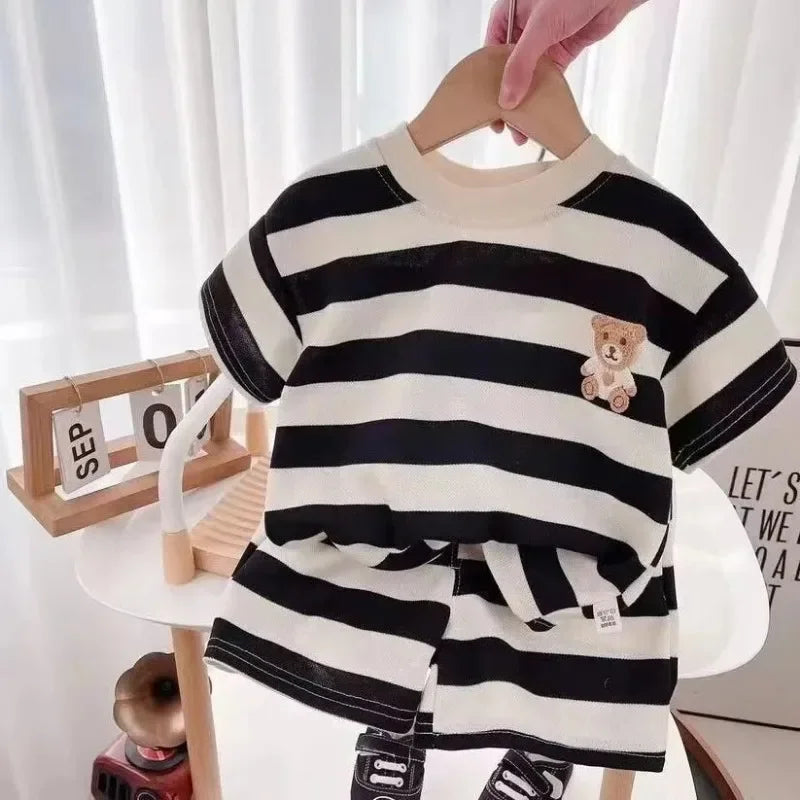 Summer Kids Sets Boys Girls Short Sleeve Striped T-shirt and Shorts Tracksuit with teddy bear patch